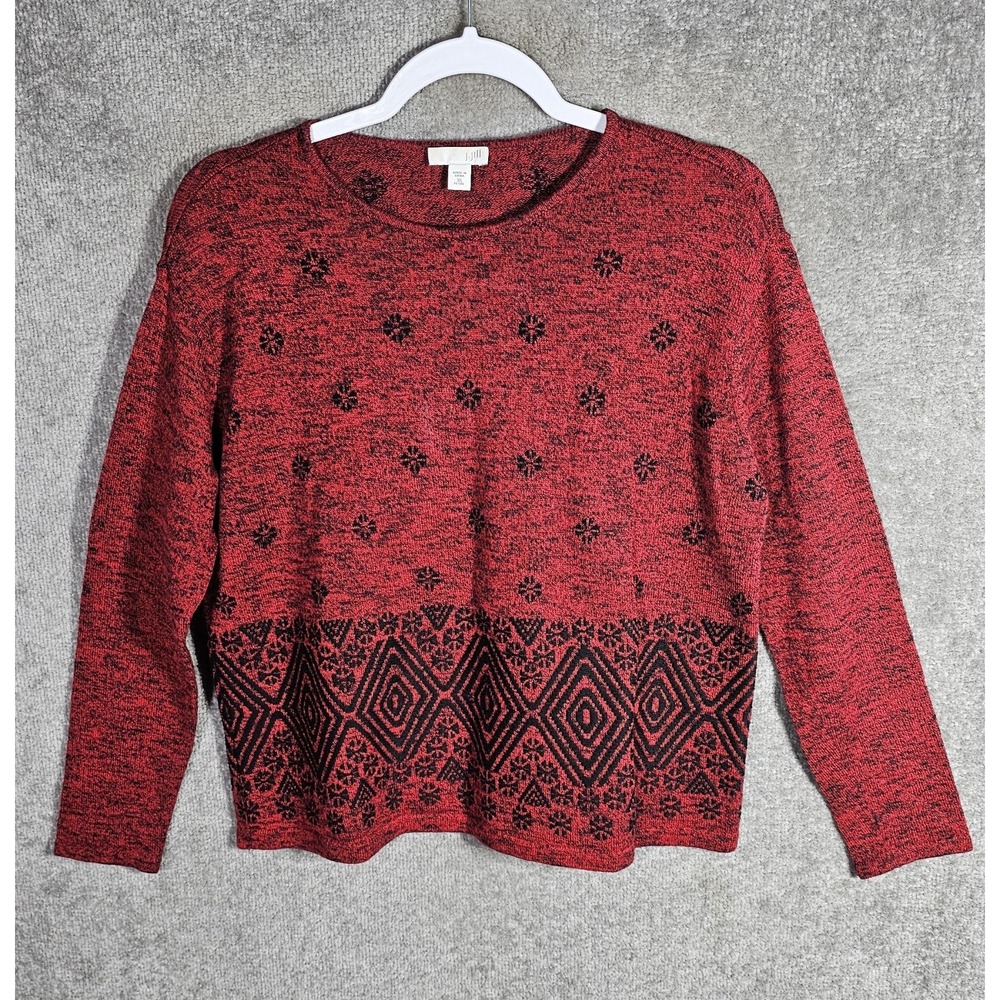 J Jill Womens Sweater Size XS Petite XSP Red Black Knit Long Sleeve Pullover